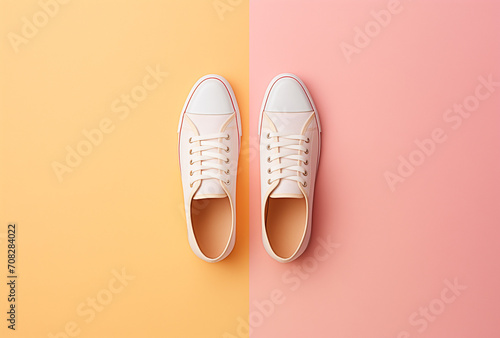 A pair of light and simple women's sneakers on a pastel background.Flat lay,top view,copy space.Generative AI