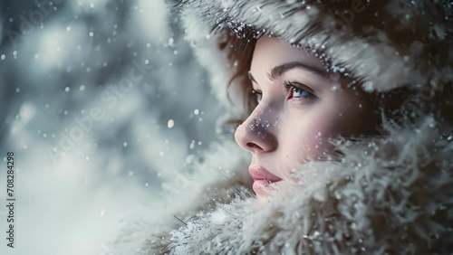 A portrait of a woman with a snowwhite faux fur coat, her face lit up by the soft glow of illuminated snowfall, giving her an ethereal and otherworldly look. photo