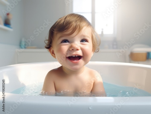 A cheerful baby boy laughs in a clean bathtub, radiating joy and innocence. Generative AI. photo