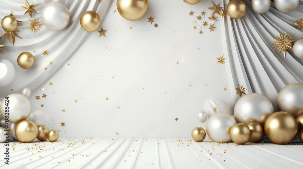 Obraz premium Luxurious backdrop curtain with balloons, arrangements and decor. Photo-wall decoration for celebrate, wedding, birthday, holiday party. Beautiful decorative celebration concept. Generative AI