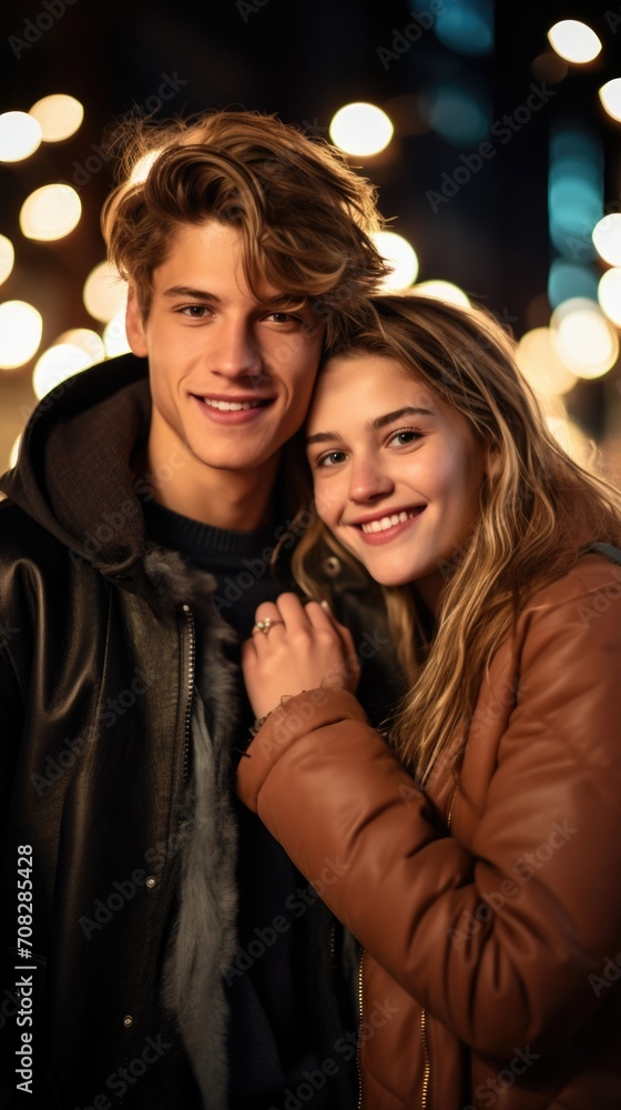 A joyful young Christian couple, radiating love, pose happily for their engagement photo in the city lights. Generative AI.