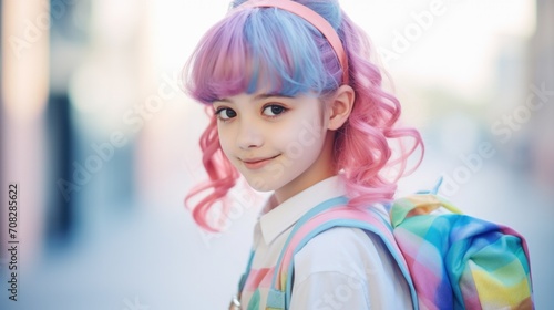 A girl with pink hair and a backpack. Generative AI.