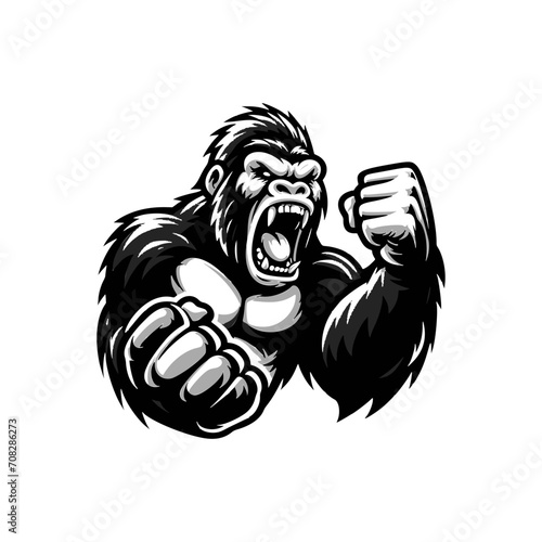 Vector logo of a raging gorilla doing a fist punch. Professional logo of a mad kong. Black and white logo of an ape isolated on a white background.