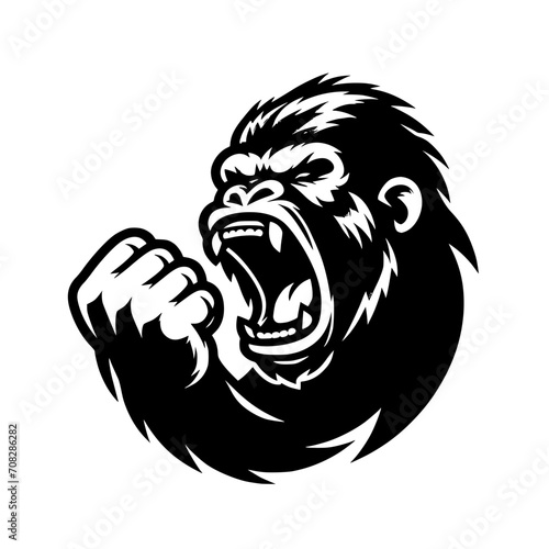 Vector logo of a raging gorilla doing a fist punch. Professional logo of a mad kong. Black and white logo of an ape isolated on a white background.