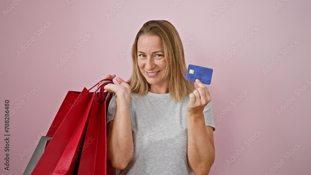 Smiling young blonde woman, a happy shopaholic, holding shopping bags over isolated pink background, gleefully clutching her credit card after a stylish shopping spree. Smiling young blonde woman, a happy shopaholic, holding shopping bags over isolated pink background, gleefully clutching her credit card after a stylish shopping spree.