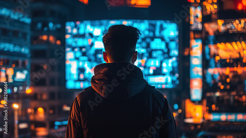 Man facing digital billboards at night.