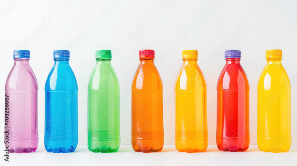 Row of colorful plastic bottles. Row of colorful plastic bottles.