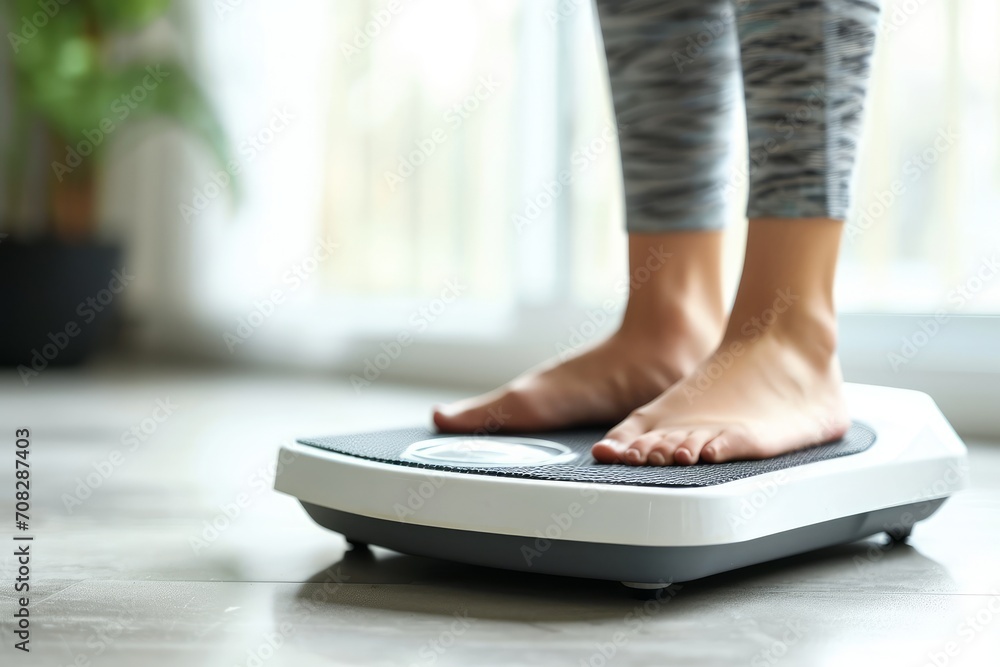 Fototapeta premium Women's feet on the scales, the problem of excess weight. 