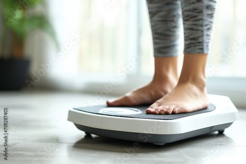 Women's feet on the scales, the problem of excess weight.  photo