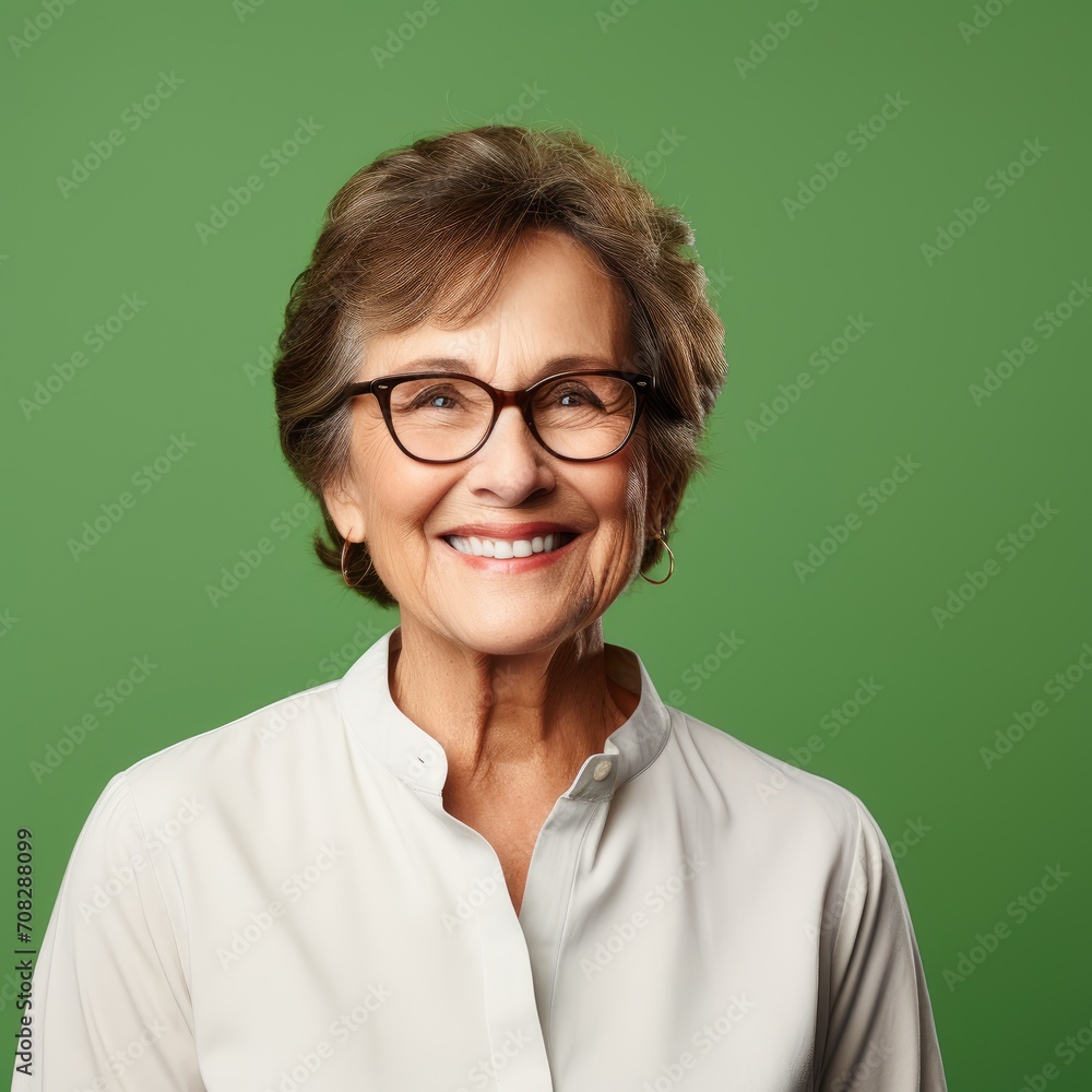 Closeup image of smiling old senior woman wearing glasses, white blouse on green background Closeup image of smiling old senior woman wearing glasses, white blouse on green background