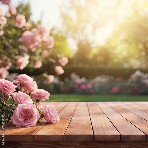 Close-up of an empty wooden table with pink roses on blured green garden background  copy space