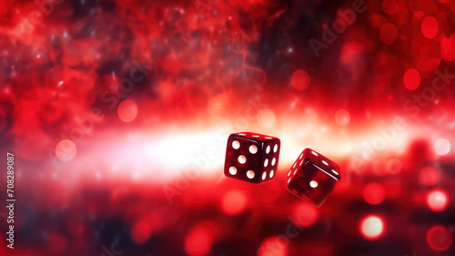 Fiery Dice Roll: A Surreal Gambler's Dream in Red Bokeh, Horizontal Poster or Sign with Open Empty Copy Space for Text
