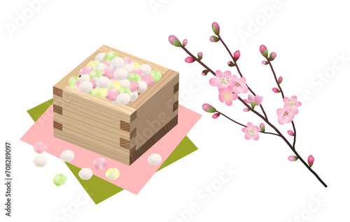 ひな祭り　ひなあられと桃の花のイラスト