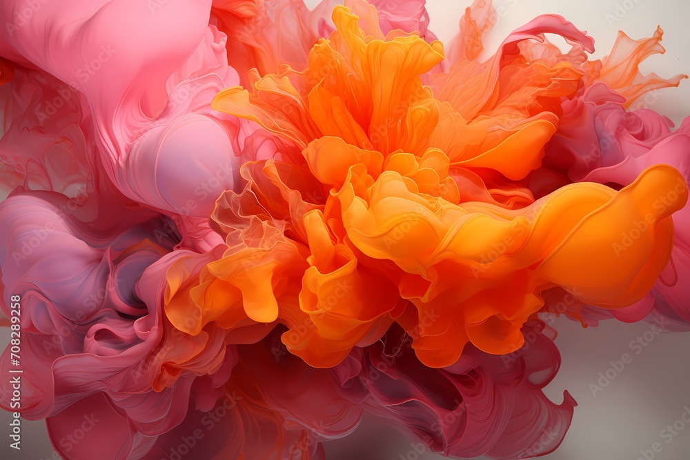Vibrant tangerine and electric pink fluids colliding in a captivating display.