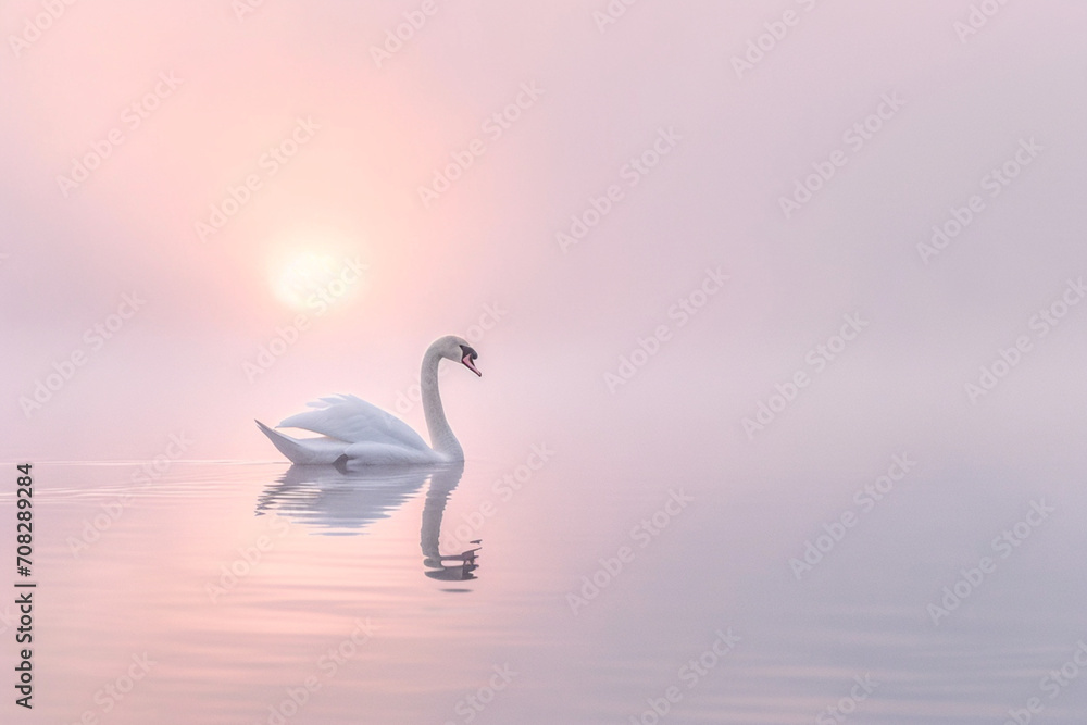 Fototapeta premium Swan Silhouette in Pink Hued Mist Calm Waters at Sunset