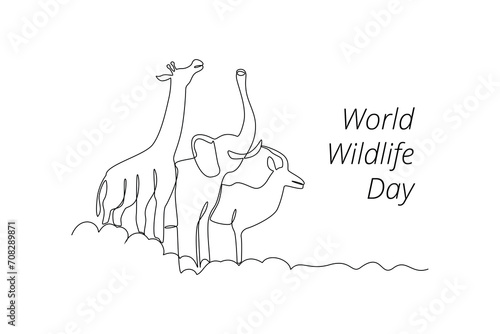 Continuous one line drawing World wildlife day concept. Doodle vector illustration.