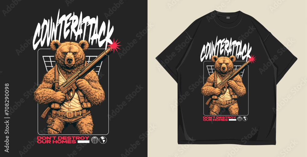 Bear holding a weapon graphic t-shirt design vector illustration. Urban streetwear trendy stylish poster and t shirt design for print. 
