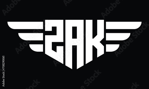 ZAK three letter logo, creative wings shape logo design vector template. letter mark, word mark, monogram symbol on black & white.	 photo
