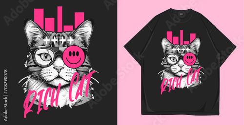 Black white cat urban graphic t-shirt design vector illustration. Streetwear trendy stylish poster and t shirt design for print