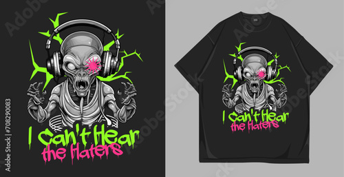 Alien screaming, Urban t-shirt design. Creature Vector illustration for t-shirt and poster. Scary apparel and clothing design