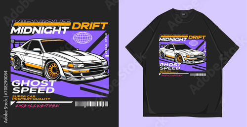 Midnight drift car t shirt design vector. Automotive urban graphic for t shirt print. Geometric illustration for apparel and clothing
