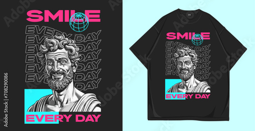 Smile everyday. Urban ancient statue t shirt design vector. graphic for t shirt print. Streetwear old man sculpture illustration for apparel and clothing