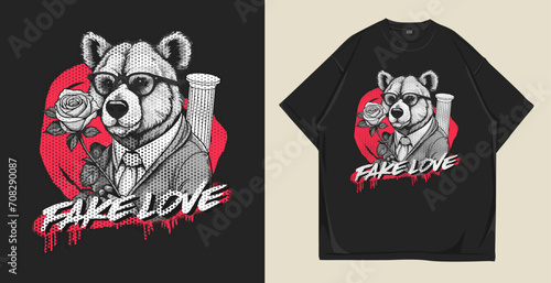 Bear holding a rose. Fake love t-shirt design. Romantic urban vector illustration for t-shirt and poster. Streetwear apparel and clothing design