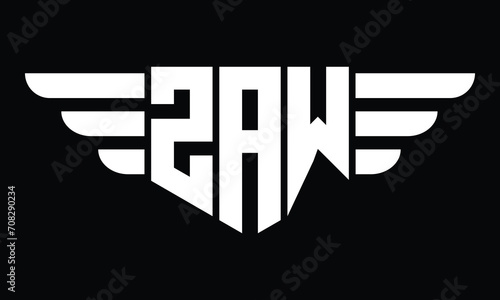 ZAW three letter logo, creative wings shape logo design vector template. letter mark, word mark, monogram symbol on black & white.	 photo