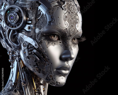 beautiful metal android face with intricate lace inspired by old science fiction