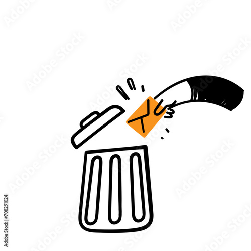 hand drawn doodle put letter in to dustbin symbol for deleting email icon