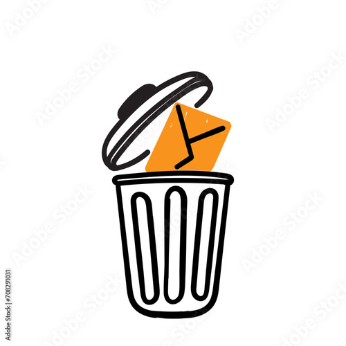 hand drawn doodle put letter in to dustbin symbol for deleting email icon