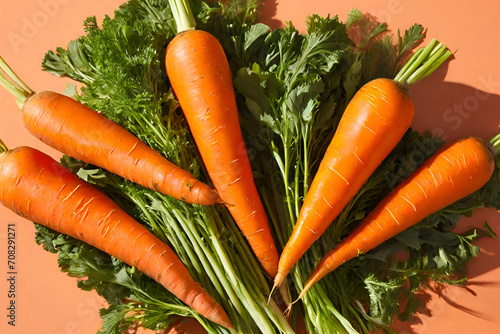 Organic carrots with their leafy green tops intact, showcasing their vibrant orange color and earthy appeal