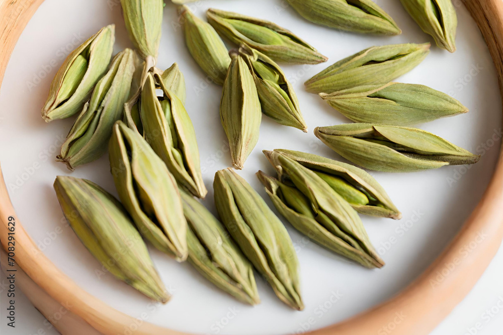 Green cardamom pods with unique triangular shape and aromatic seeds Green cardamom pods with unique triangular shape and aromatic seeds