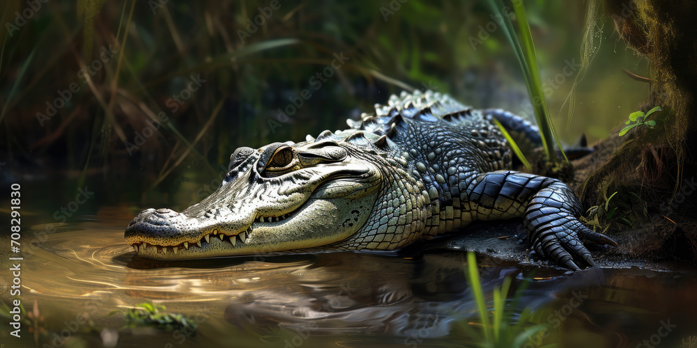 an alligator resting in some water, generative AI