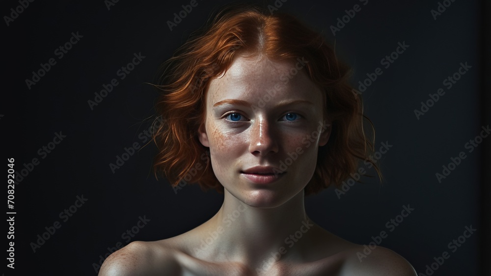 a young woman with a short red hair and blue eyes with freckles, beauty concept a young woman with a short red hair and blue eyes with freckles, beauty concept