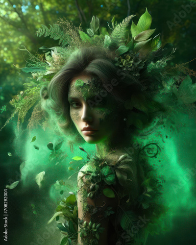  illustration on a nature goddess, elemental or sprite in a lush jungle forest