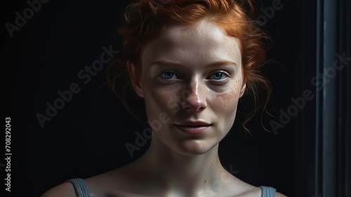 a young woman with a short red hair and blue eyes with freckles, beauty concept