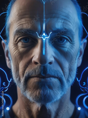 Mirrored Symmetry - Close-up portrait of a man under the influence with echoing whispers and thermal imaging in electric blue 8k quality Gen AI photo