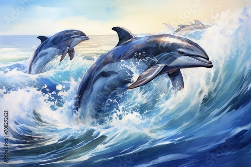 Dolphins jumping out of the sea. Watercolor illustration. World Whale Day Postcard. © Alexandr