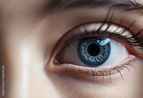 Extrem macro Blue eye of female adult  and copyspace Generative AI photo