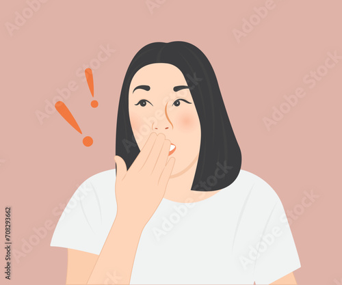 A young woman is shocked or shocked by something unexpected and puts her hand over her mouth. Vector illustration