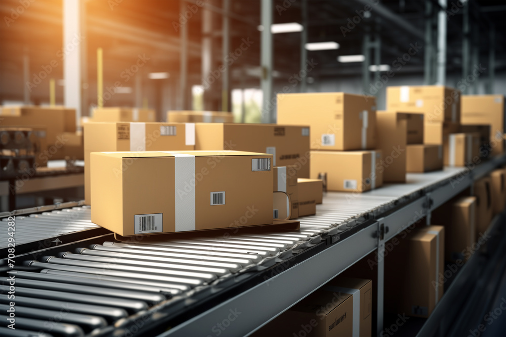 Cardboard boxes of different sizes on a conveyor belt in a shipping company, shipping business concept photo Cardboard boxes of different sizes on a conveyor belt in a shipping company, shipping business concept photo