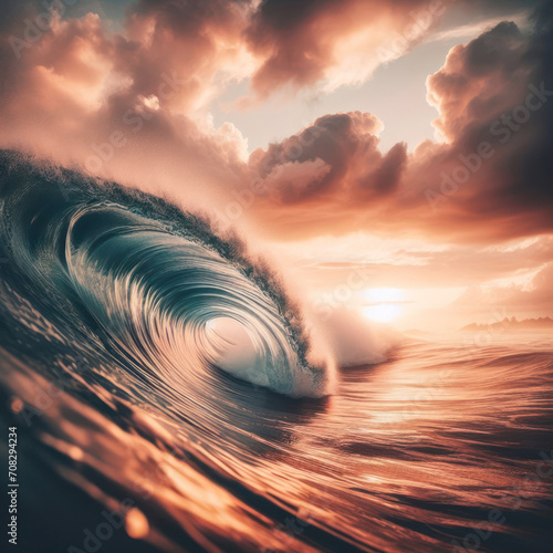 stunning tube or barrell wave in the ocean at sunset or sunrise © clearviewstock