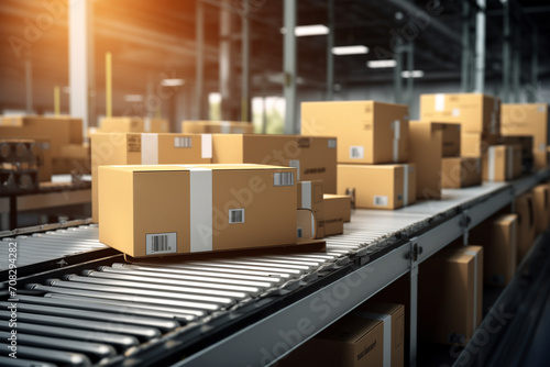 Cardboard boxes of different sizes on a conveyor belt in a shipping company, shipping business concept photo