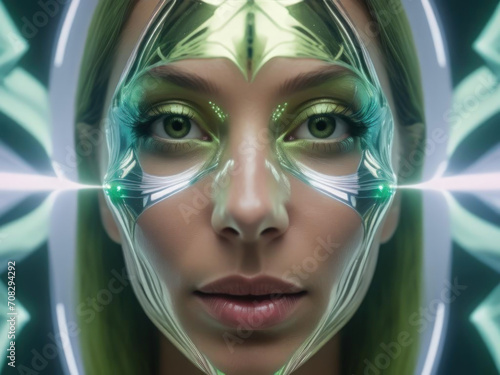 Surreal Holographic Portrait of a Woman with Mirrored Symmetries and Acid Green Hues Gen AI photo