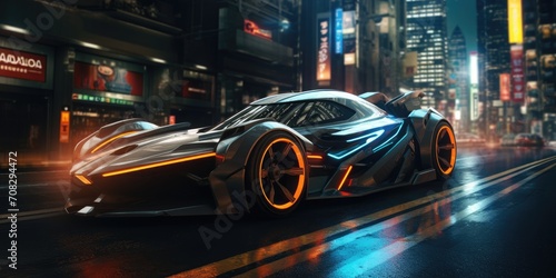 An electric Racing Car driving through a futuristic city at night created with Generative AI Technology © Vehicles Generative