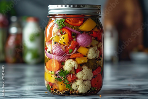A jar of crisp and colorful giardiniera, featuring an assortment of pickled cauliflower, carrots, and bell peppers, presented against a clean and unobtrusive background.
