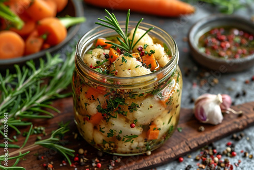 A visually striking jar of pickled cauliflower and carrots, their crisp textures and vibrant colors presented against a simple and elegant background.