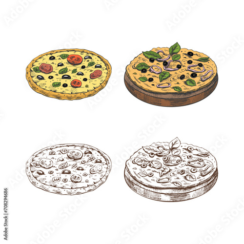 Hand-drawn colored and monochrome sketches of vegetarian pizza on a wooden plate and pizza Margherita isolated on white background. Fast food vintage illustration. Great for menu, posters.