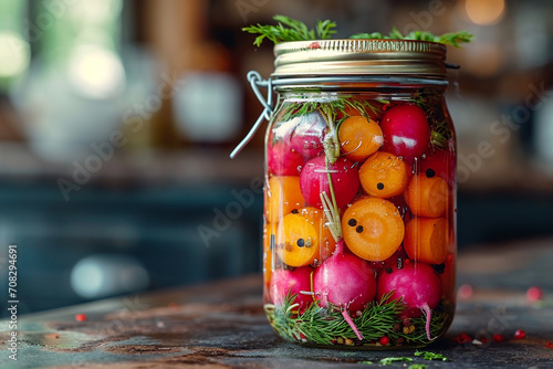 A jar of pickled baby carrots and radishes, their vibrant colors and crunchy textures arranged in an eye-catching pattern against a serene and calming background.